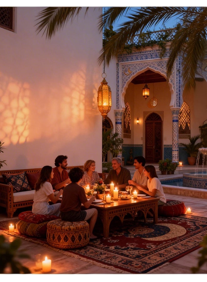 طقم من قطعتين - تركيبات إضاءة رمضان وفانوس مجوف بإضاءة الشموع - حرف يدوية على الطريقة المغربية، ديكور منزلي قديم الطراز مناسب للداخل والخارج وللإهداء - Image 5